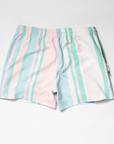 Designer Men’s Resort Wear, Swim Shorts & Luxury Swimwear Accessories | Riviera Bathers | Swim Trunks | Rancho Mirage | Pink, Green, Peach, and White Stripes