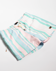 Designer Men’s Resort Wear, Swim Shorts & Luxury Swimwear Accessories | Riviera Bathers | Swim Trunks | Rancho Mirage | Pink, Green, Peach, and White Stripes
