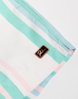 Designer Men’s Resort Wear, Swim Shorts & Luxury Swimwear Accessories | Riviera Bathers | Swim Trunks | Rancho Mirage | Pink, Green, Peach, and White Stripes | Rubber Tag Detail