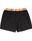 Designer Men’s Resort Wear, Swim Shorts & Luxury Swimwear Accessories | Riviera Bathers | Swim Trunks | Cafe Racer | Black With Multi Color Waistband | Drawcord | Metal Accessories