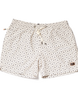 Designer Men’s Resort Wear, Swim Shorts & Luxury Swimwear Accessories | Riviera Bathers | Swim Trunks | Pacha | Cream with Black Geometric Squares | Drawcord | Metal Accessories