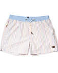 Designer Men’s Resort Wear, Swim Shorts & Luxury Swimwear Accessories | Riviera Bathers | Swim Trunks | Amalfi | Blue, Pink, and Yellow Pastel Stripes | Drawcord | Metal Accessories