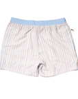 Designer Men’s Resort Wear, Swim Shorts & Luxury Swimwear Accessories | Riviera Bathers | Swim Trunks | Amalfi | Blue, Pink, and Yellow Pastel Stripes | Drawcord | Metal Accessories