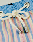 Designer Men’s Resort Wear, Swim Shorts & Luxury Swimwear Accessories | Riviera Bathers | Swim Trunks | Amalfi | Blue, Pink, and Yellow Pastel Stripes | Drawcord | Metal Accessories