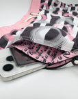 Designer Men’s Resort Wear, Swim Shorts & Luxury Swimwear Accessories | Riviera Bathers | Swim Trunks | Palm Bay | Pink, Black, and White Circles and Stripes | Hidden Zipper Pocket
