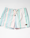 Designer Men’s Resort Wear, Swim Shorts & Luxury Swimwear Accessories | Riviera Bathers | Swim Trunks | Rancho Mirage | Pink, Green, Peach, and White Stripes