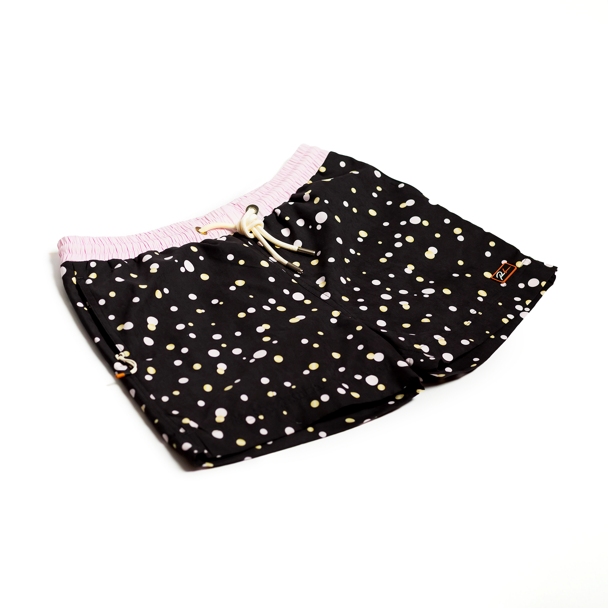 Designer Men’s Resort Wear, Swim Shorts &amp; Luxury Swimwear Accessories | Riviera Bathers | Swim Trunks | Perlage | Black, Pink, and Gold Champagne Bubbles | Drawcord, Metal Cord Accessories  
