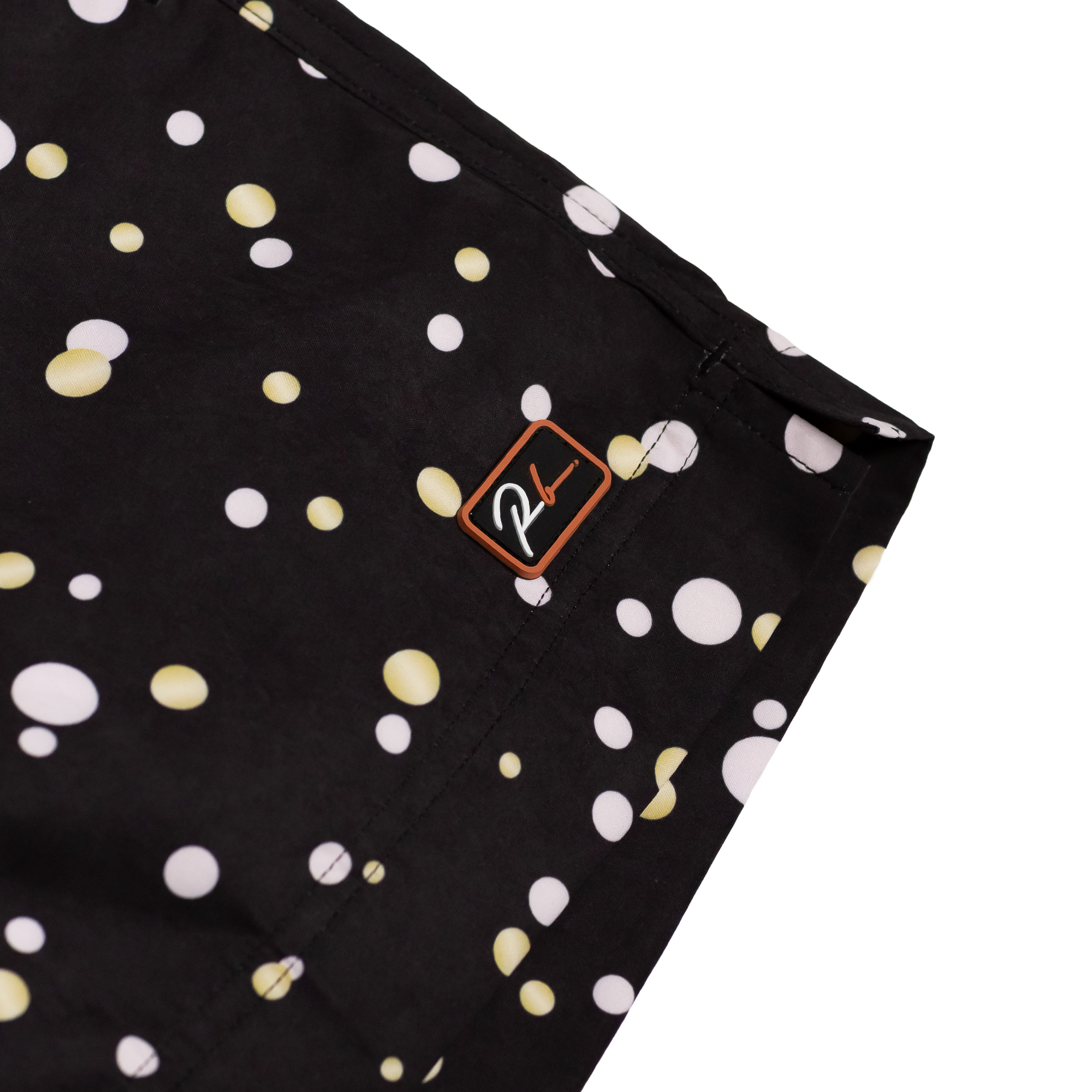 Designer Men’s Resort Wear, Swim Shorts &amp; Luxury Swimwear Accessories | Riviera Bathers | Swim Trunks | Perlage | Black, Pink, and Gold Champagne Bubbles | Drawcord, Metal Cord Accessories  