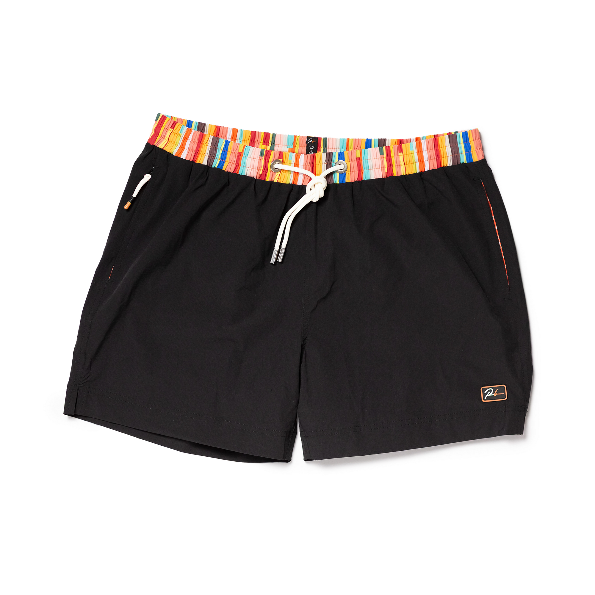 Designer Men’s Resort Wear, Swim Shorts & Luxury Swimwear Accessories | Riviera Bathers | Swim Trunks | Cafe Racer | Black With Multi Color Waistband | Drawcord | Metal Accessories 