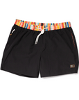Designer Men’s Resort Wear, Swim Shorts & Luxury Swimwear Accessories | Riviera Bathers | Swim Trunks | Cafe Racer | Black With Multi Color Waistband | Drawcord | Metal Accessories 