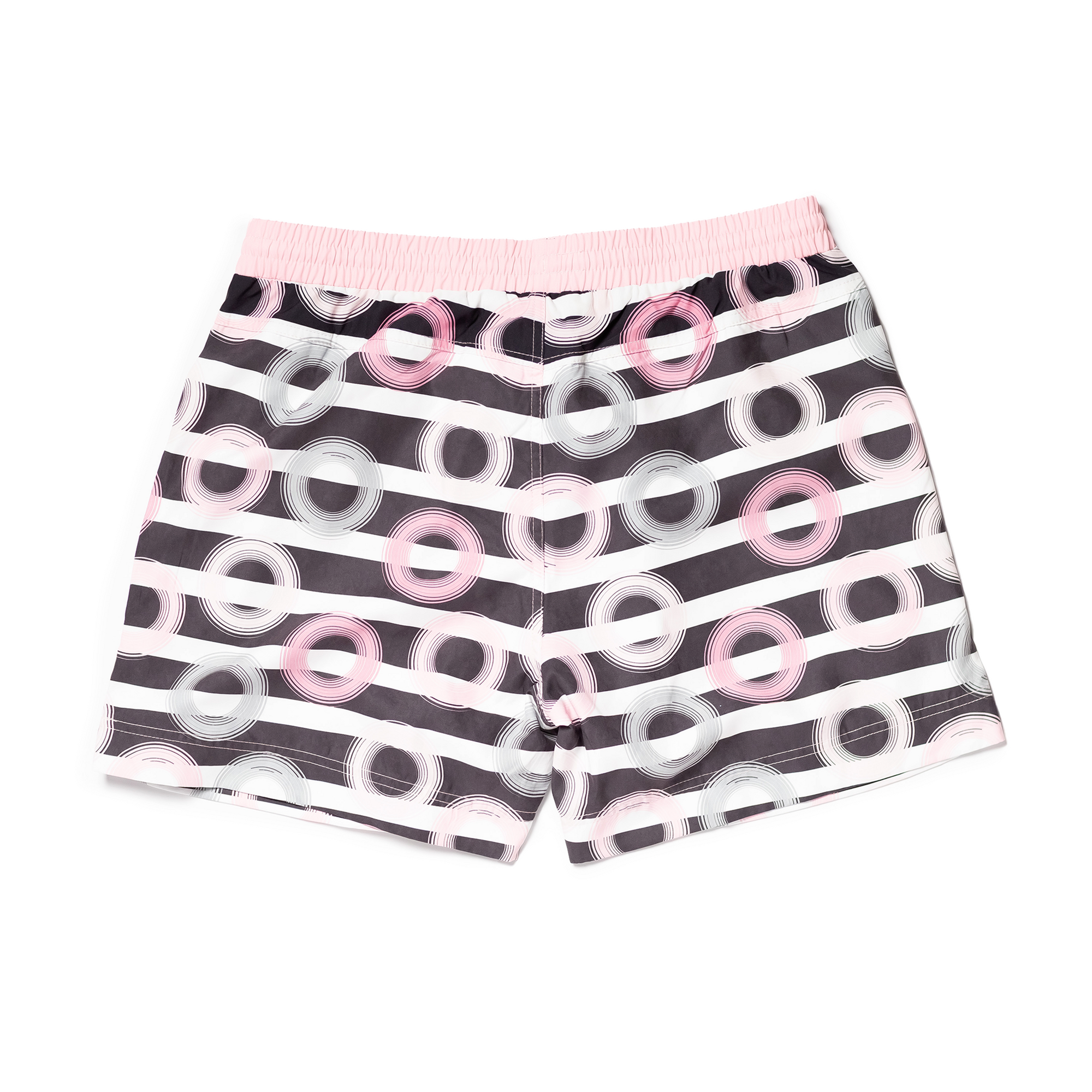 Designer Men’s Resort Wear, Swim Shorts & Luxury Swimwear Accessories | Riviera Bathers | Swim Trunks | Palm Bay | Pink, Black, and White Circles and Stripes