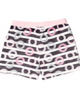 Designer Men’s Resort Wear, Swim Shorts & Luxury Swimwear Accessories | Riviera Bathers | Swim Trunks | Palm Bay | Pink, Black, and White Circles and Stripes