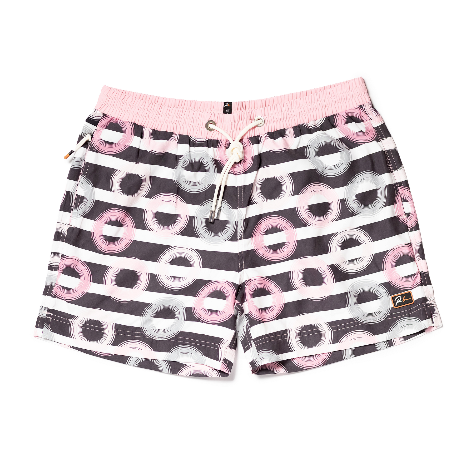 Designer Men’s Resort Wear, Swim Shorts & Luxury Swimwear Accessories | Riviera Bathers | Swim Trunks | Palm Bay | Pink, Black, and White Circles and Stripes