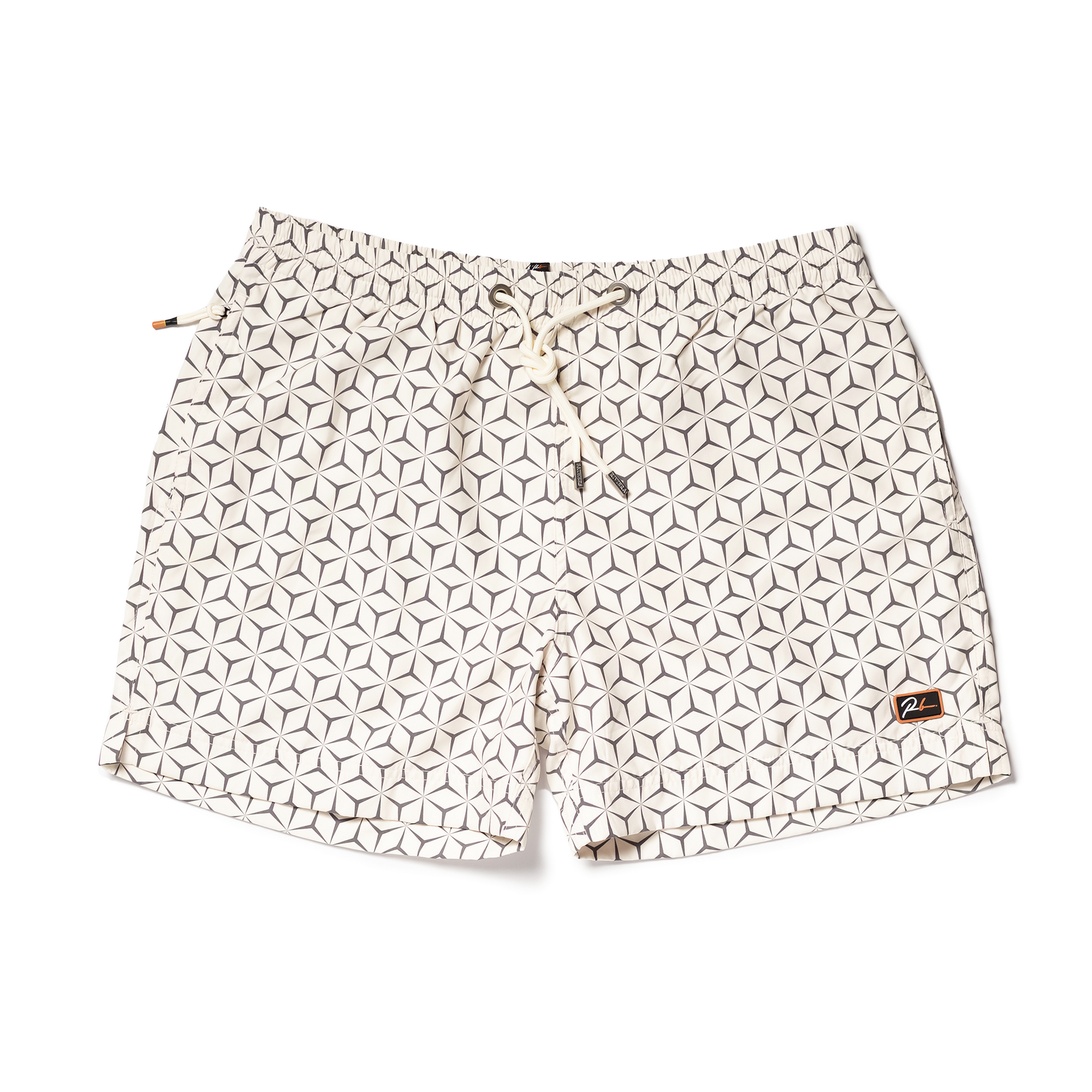 Designer Men’s Resort Wear, Swim Shorts & Luxury Swimwear Accessories | Riviera Bathers | Swim Trunks | Pacha | Cream with Black Geometric Squares | Drawcord | Metal Accessories 