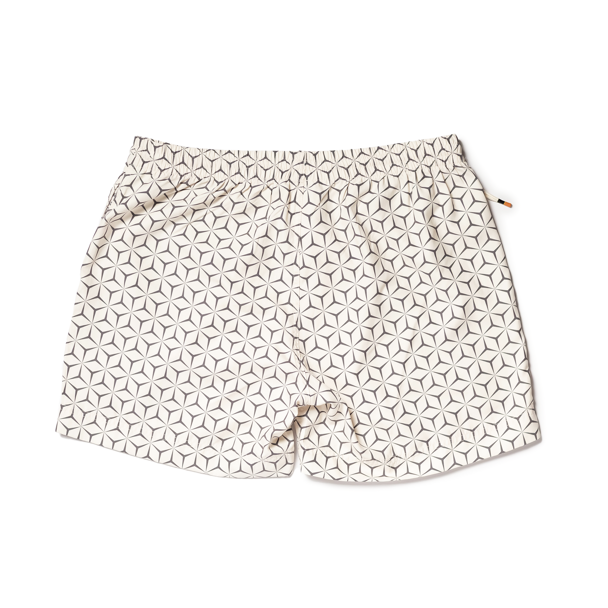 Designer Men’s Resort Wear, Swim Shorts & Luxury Swimwear Accessories | Riviera Bathers | Swim Trunks | Pacha | Cream with Black Geometric Squares | Drawcord | Metal Accessories 