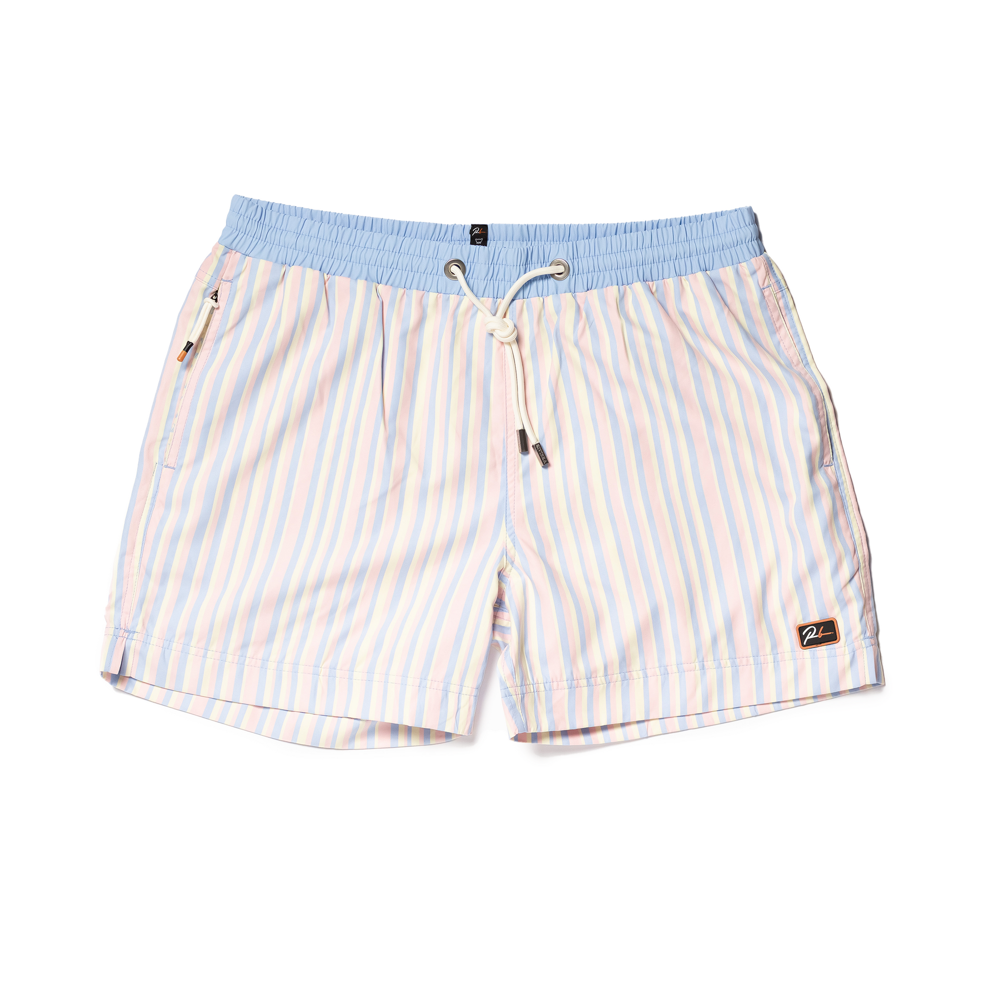 Designer Men’s Resort Wear, Swim Shorts & Luxury Swimwear Accessories | Riviera Bathers | Swim Trunks | Amalfi | Blue, Pink, and Yellow Pastel Stripes | Drawcord | Metal Accessories  