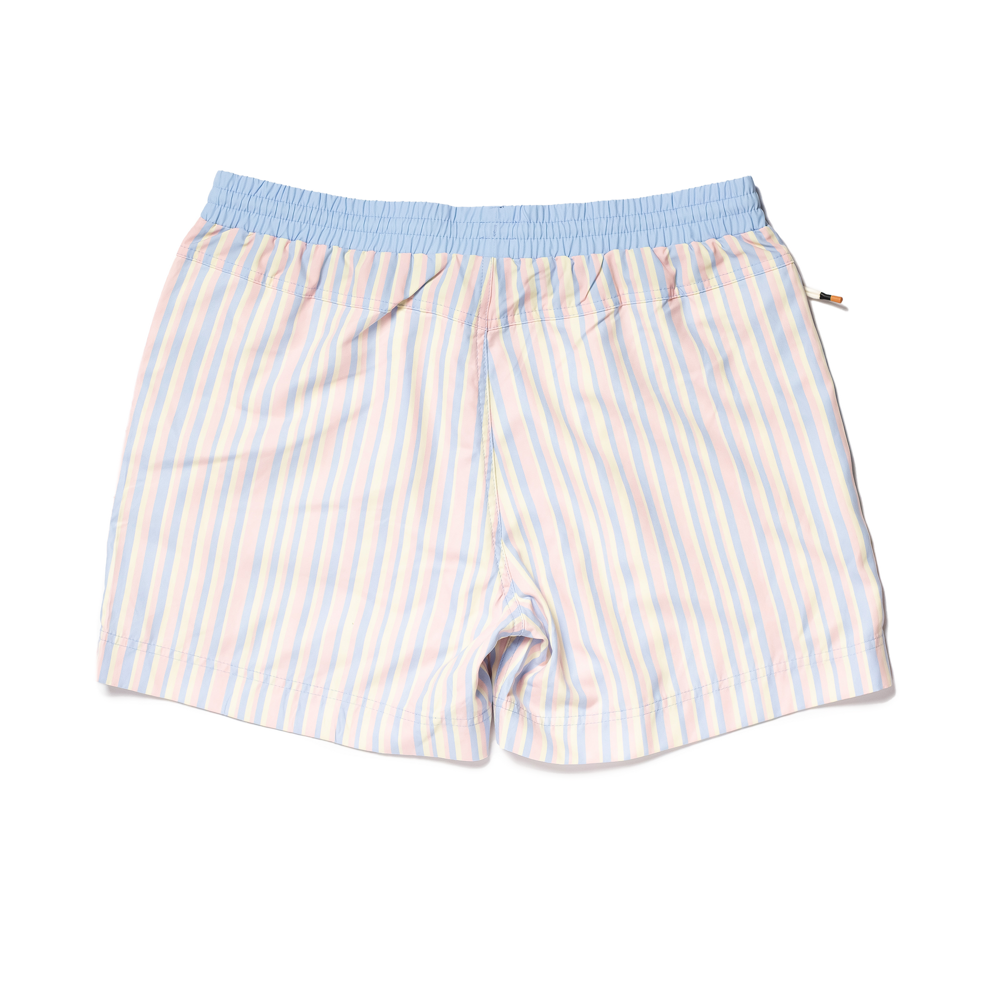 Designer Men’s Resort Wear, Swim Shorts & Luxury Swimwear Accessories | Riviera Bathers | Swim Trunks | Amalfi | Blue, Pink, and Yellow Pastel Stripes | Drawcord | Metal Accessories    