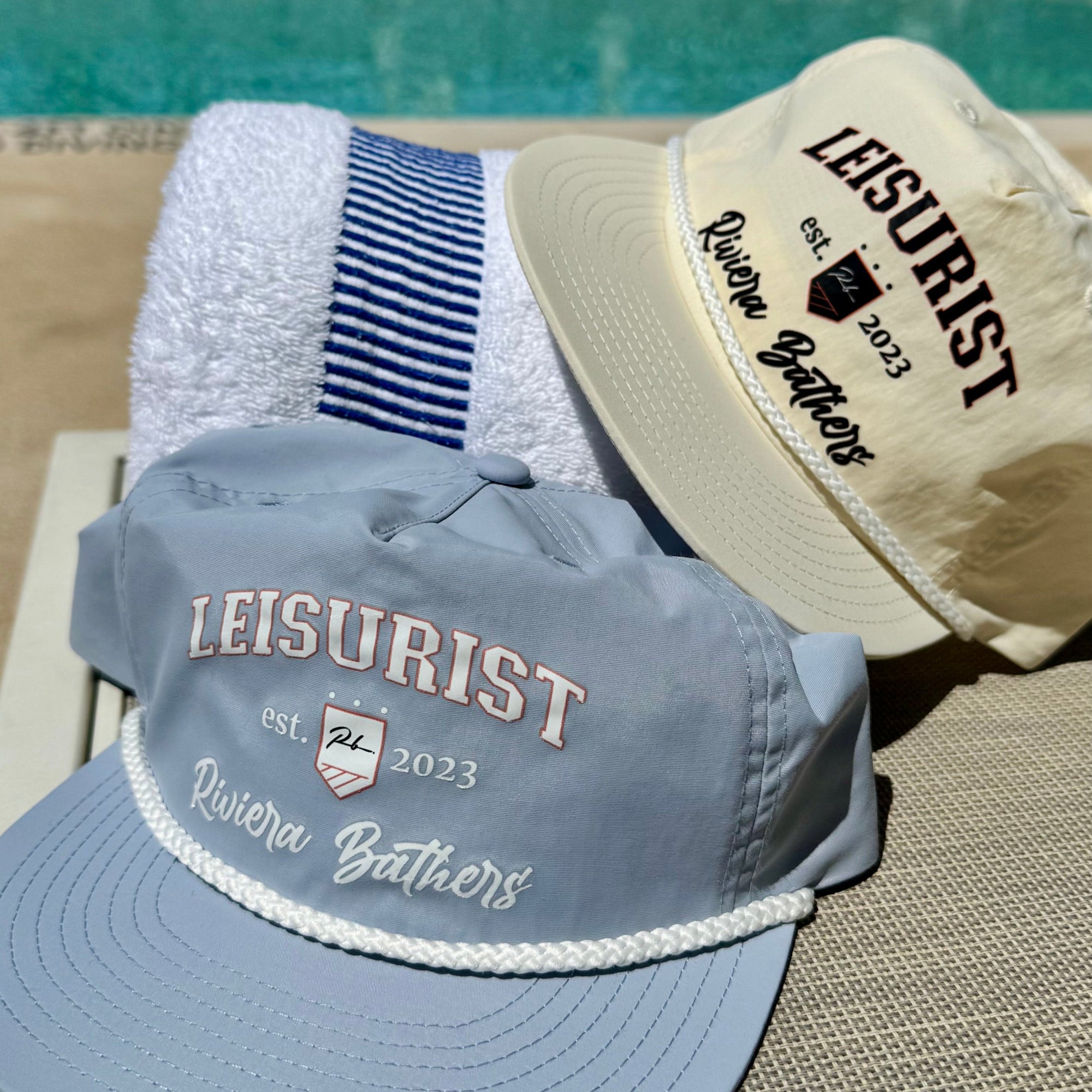 Designer Men’s Resort Wear, Swim Shorts & Luxury Swimwear Accessories | Riviera Bathers | Swim Trunks | Country Club Hat | Blue & Cream