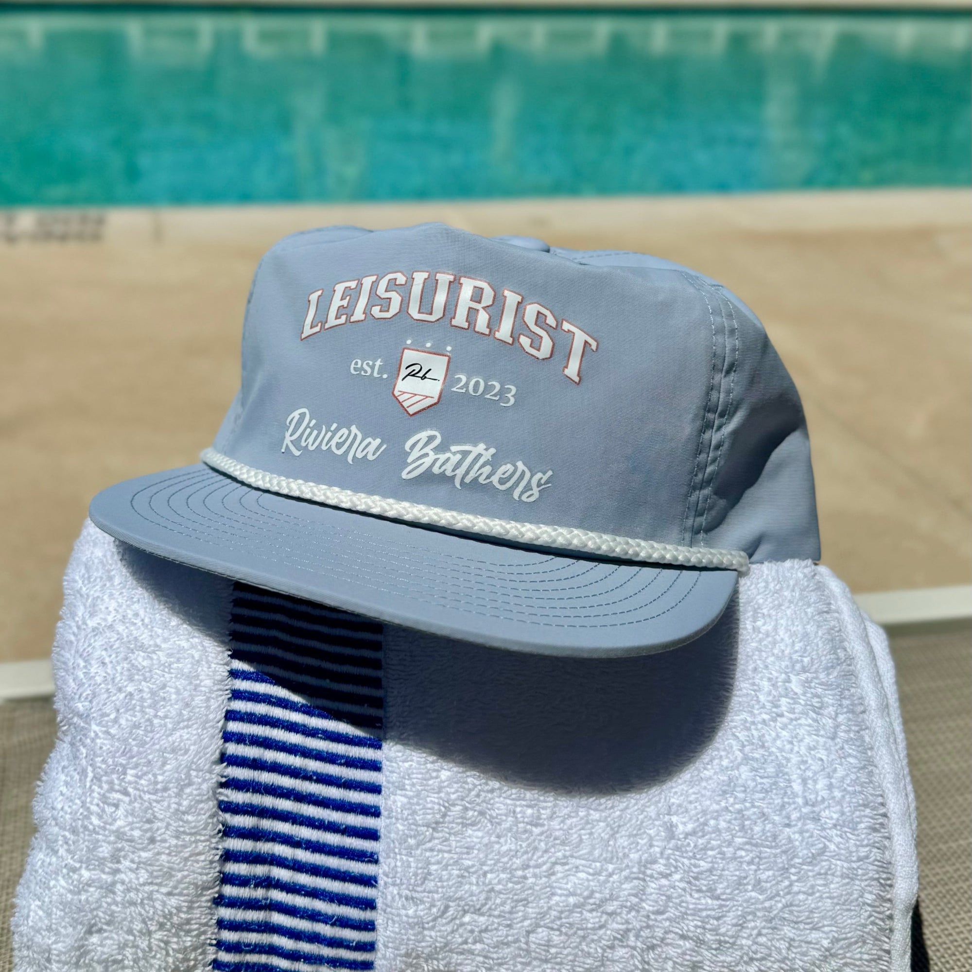 Designer Men’s Resort Wear, Swim Shorts &amp; Luxury Swimwear Accessories | Riviera Bathers | Swim Trunks | Country Club Hat | Blue